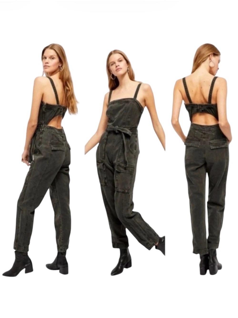 Free People FP Movement Go West Utility Jumpsuit Black Denim Large